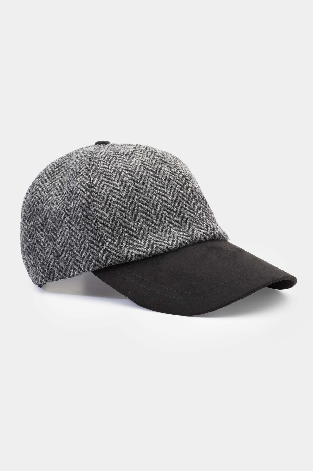 Harris Tweed Baseball Cap in charcoal herringbone wool with a contrasting black suede-effect brim and top button