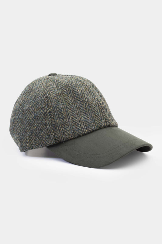 Harris Tweed Baseball Cap - Dark Green Herringbone