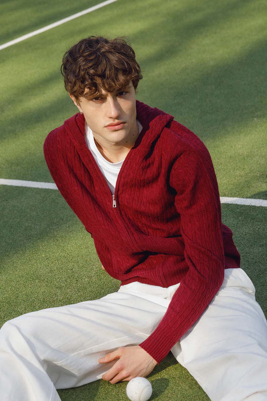 Unisex Cable Zip Cashmere Hoodie - Burgundy