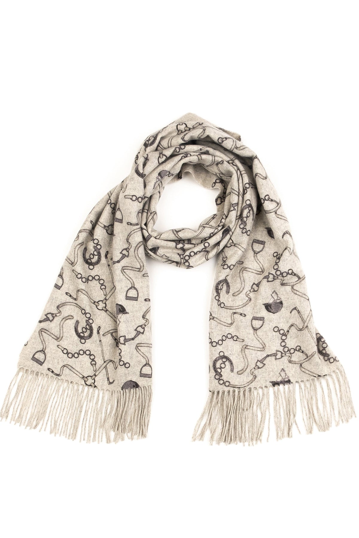 Equestrian Cashmere Double Sided Stole in grey, flat lay showing fringed ends and equestrian chain and horseshoe print