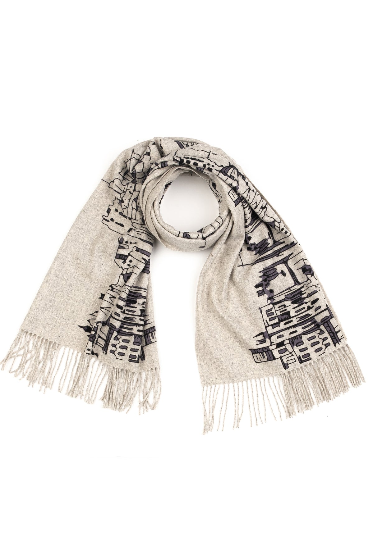 Skyline Cashmere Double Sided Stole in grey, loosely looped to show navy cityscape print and fringed ends