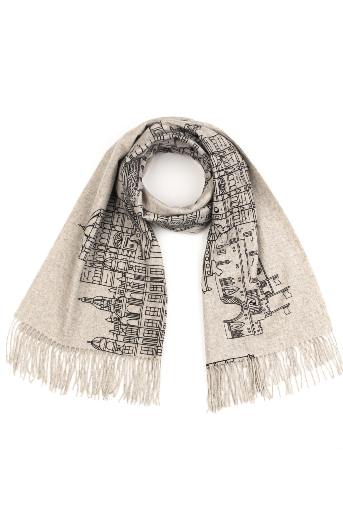 Skyline Cashmere Double Sided Stole in grey, looped to show black cityscape line-art illustration and fringed ends