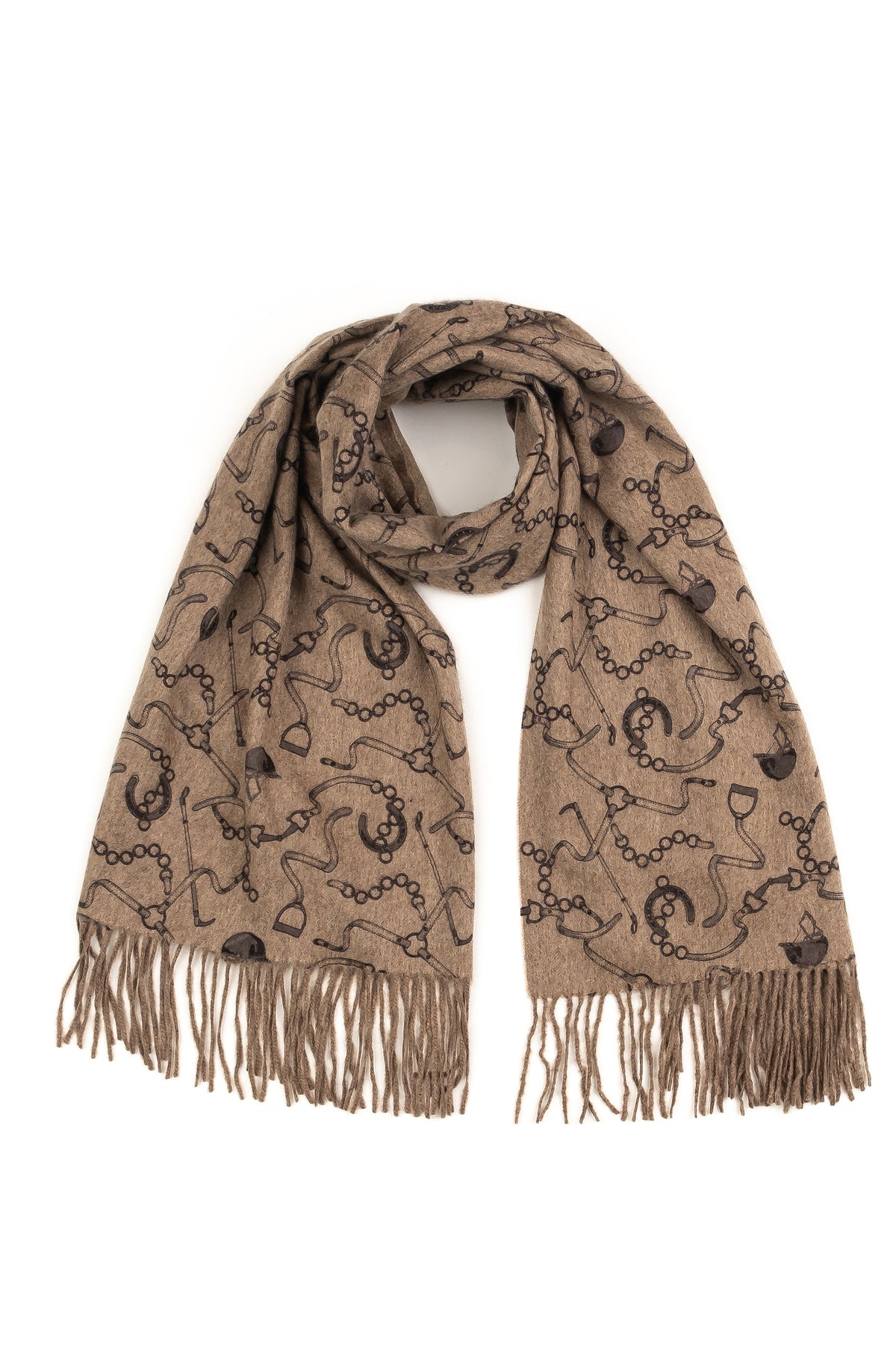 Equestrian Cashmere Double Sided Stole in beige, flat lay showing full length with horse-bit and chain print and fringed ends