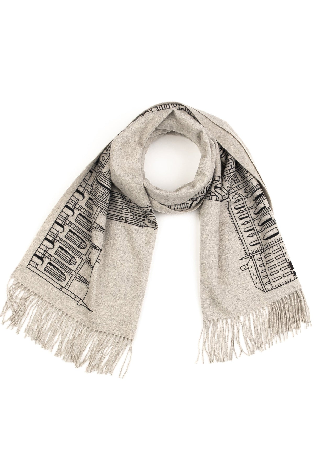 Royal Mile Cashmere Double Sided Stole in grey, draped to show black architectural cityscape print and fringed ends