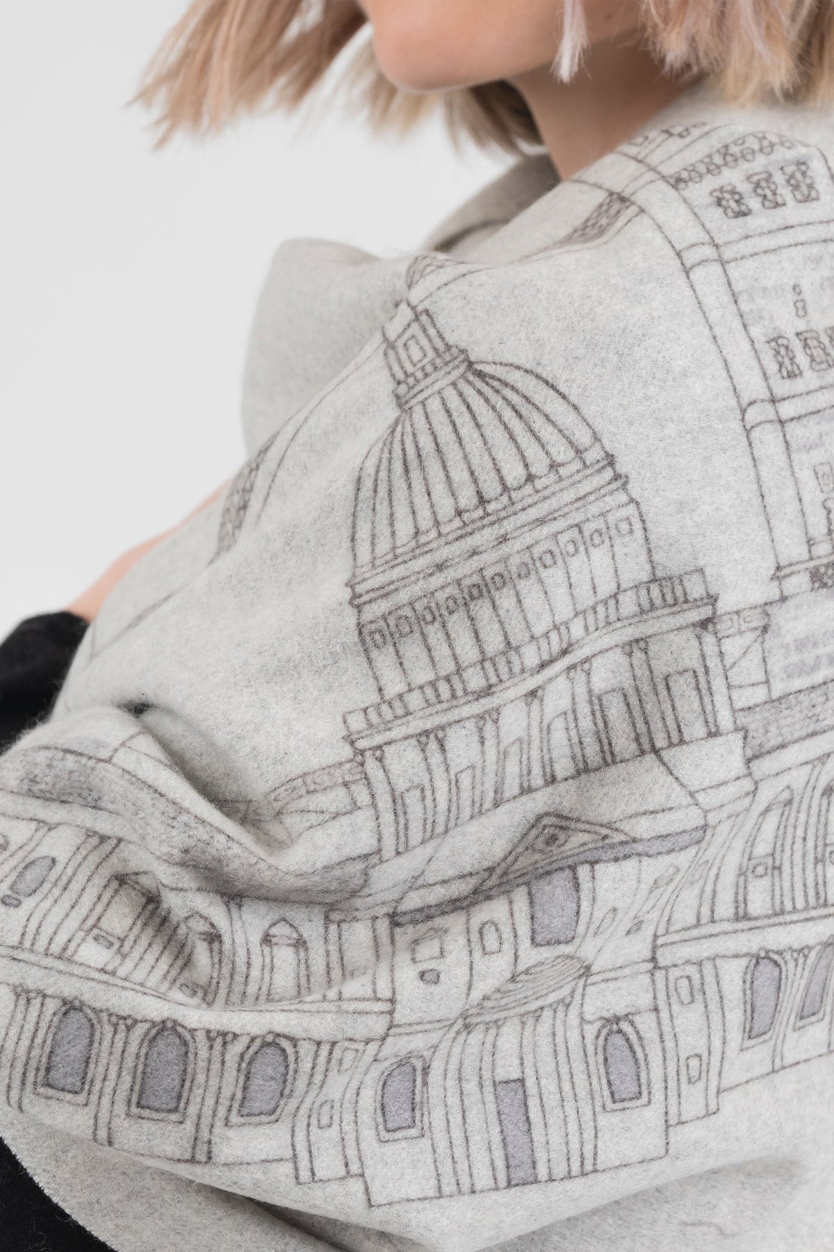 City Cashmere Double Sided Stole - London close-up showing detailed St Paul's Cathedral illustration on soft grey cashmere