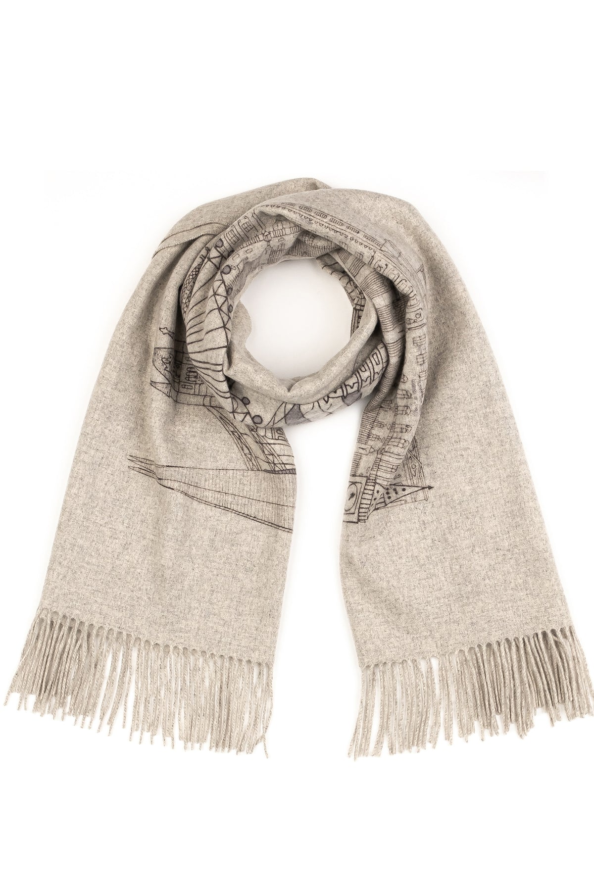 City Cashmere Double Sided Stole - London in light grey, loosely looped to show architectural line-drawn print and fringed ends