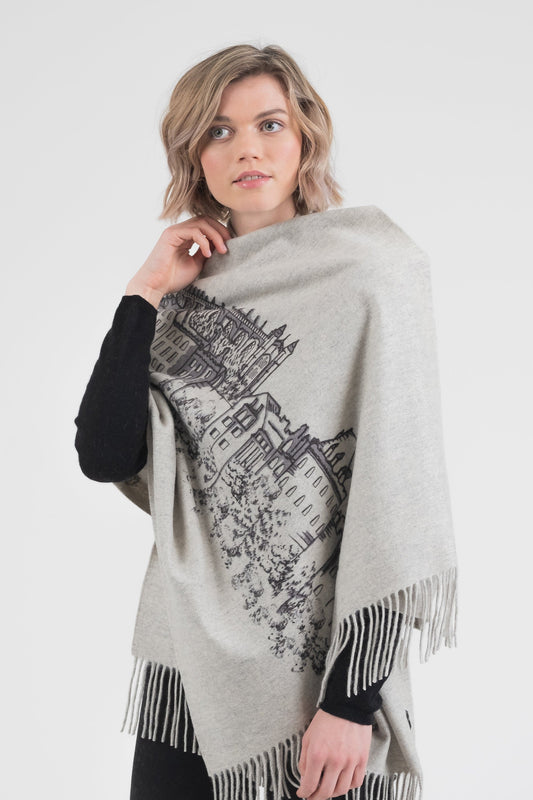 City Cashmere Double Sided Stole - Windsor Castle in light grey with black printed castle illustration, fringed edges, worn draped over shoulders