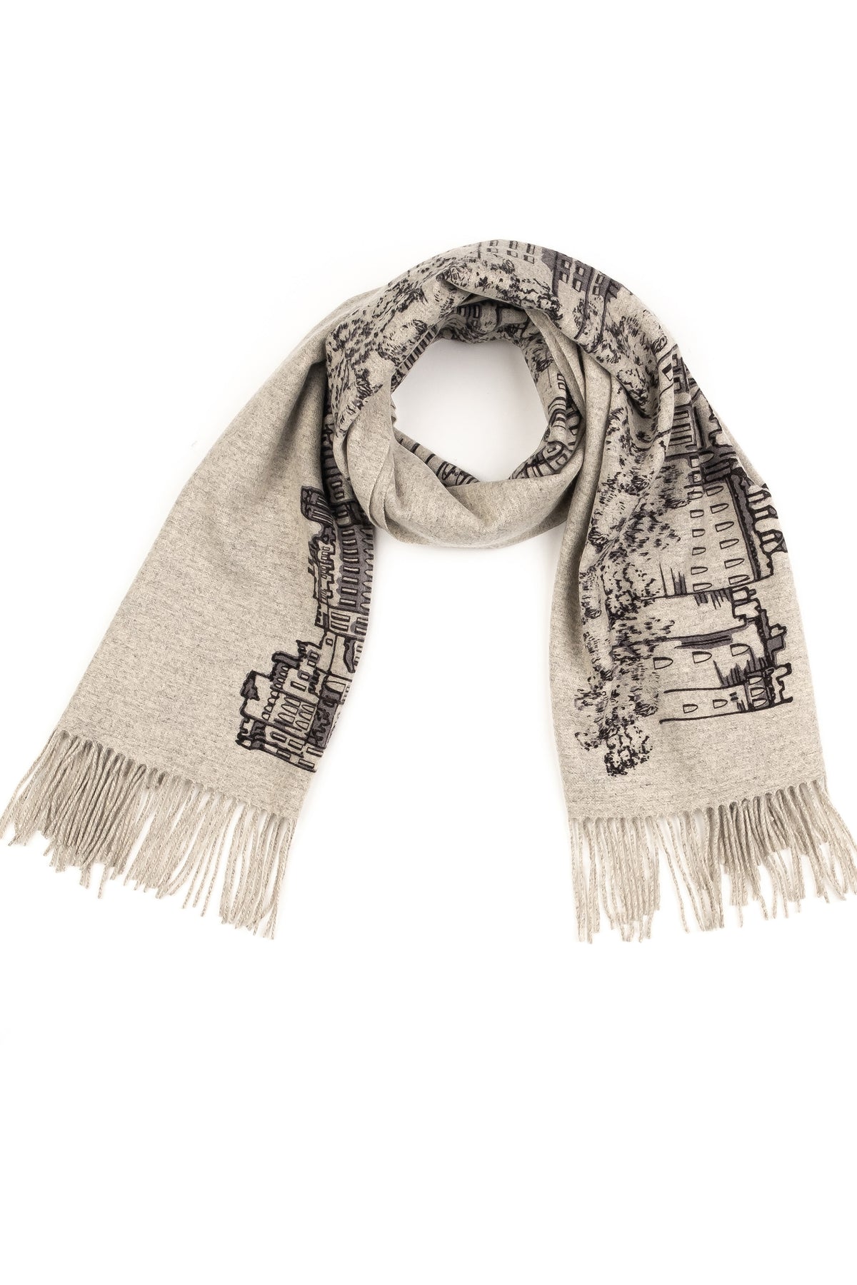 City Cashmere Double Sided Stole - Windsor Castle in light grey with black illustrated cityscape print and fringed ends