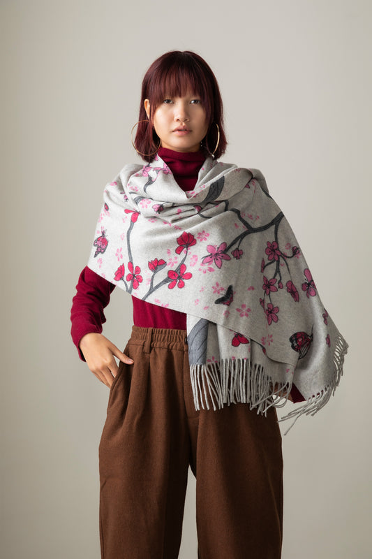 Cherry Blosson Cashmere Double Sided Stole - Grey