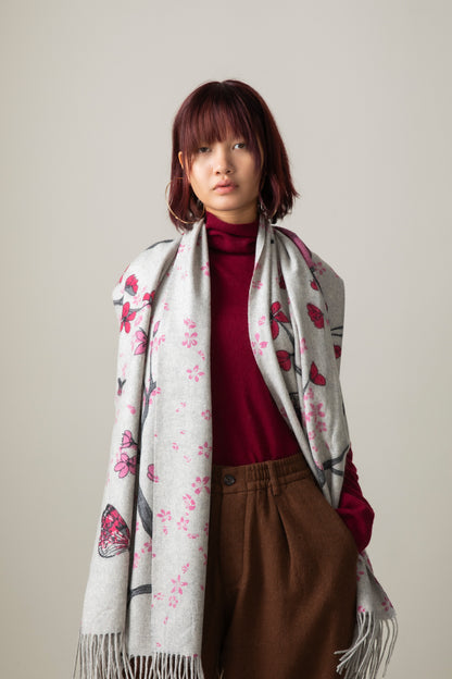 Cherry Blosson Cashmere Double Sided Stole - Grey