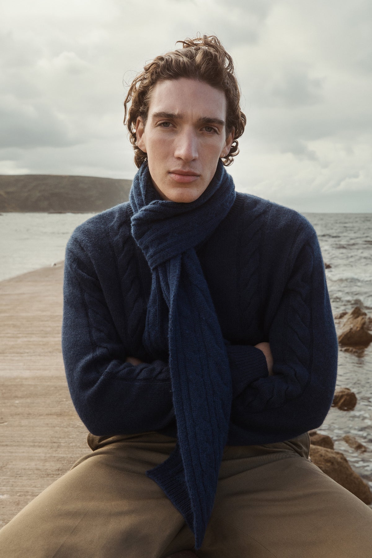 Cable Skinny Cashmere Scarf - Cosmos