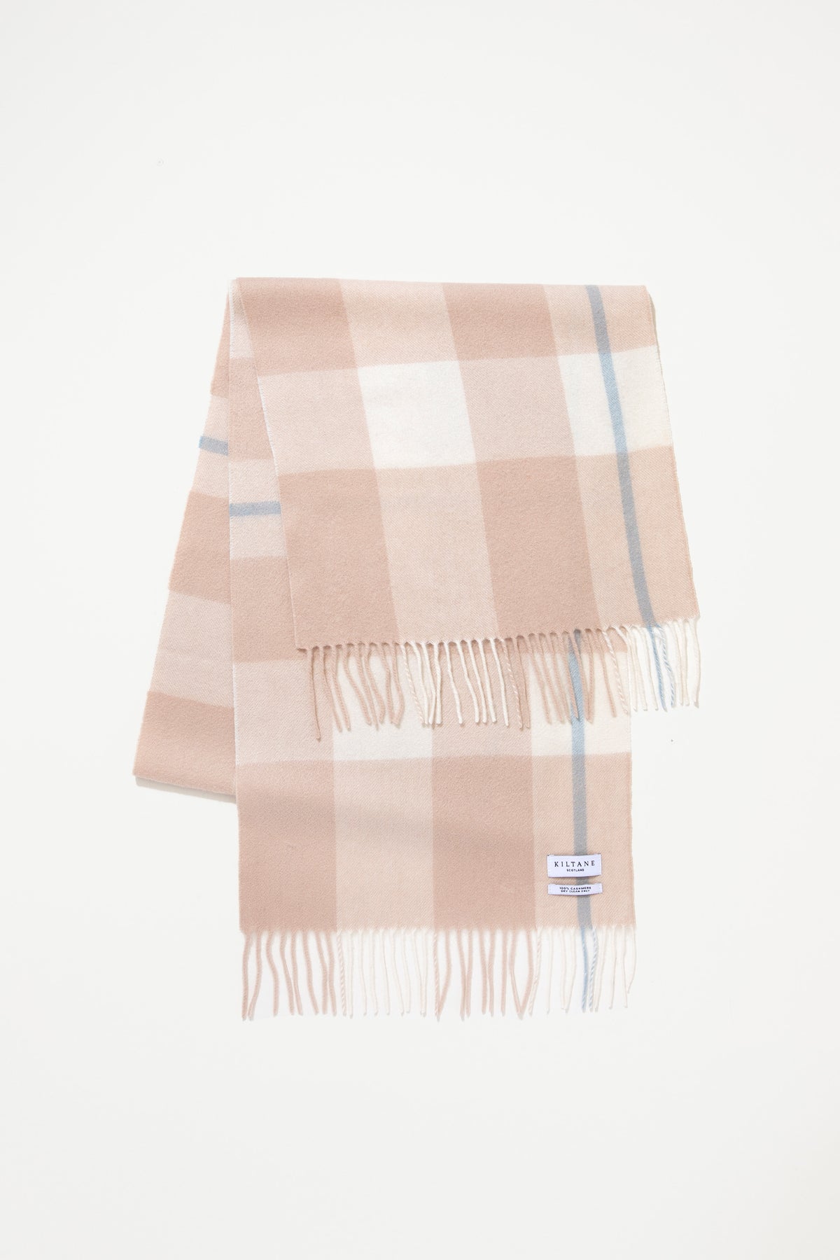 Contemporary Check Cashmere Wide Scarf in Champagne Pink folded flat showing check pattern, fringe detail, and Kiltane label