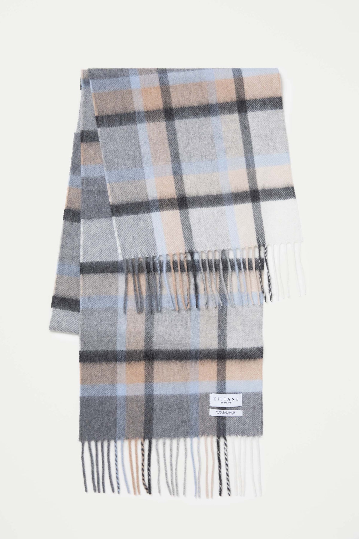 Kiltane Princeton Check Cashmere Scarf in Blue laid flat showing full plaid pattern in grey, blue, and peach with fringed ends