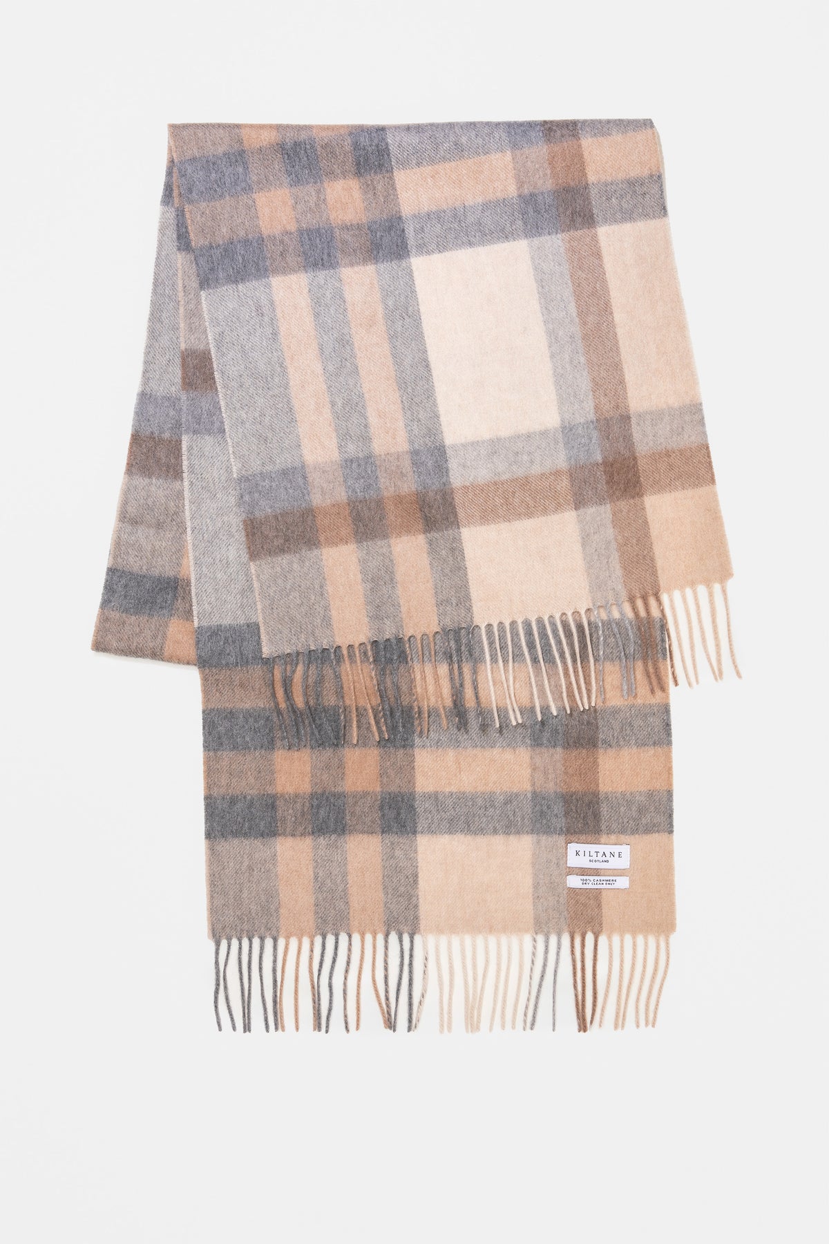 Kiltane Tartan 2 Cashmere Wide Scarf in Natural folded flat showing full plaid pattern in beige, cream, and grey with fringed ends