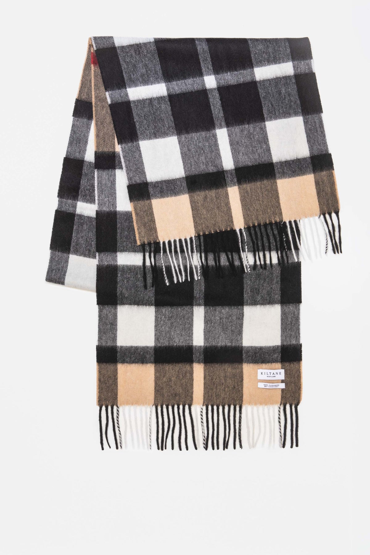 Kiltane Exploded Camel Thompson Cashmere Wide Scarf folded to show full check pattern with black, white, and camel blocks and fringed ends
