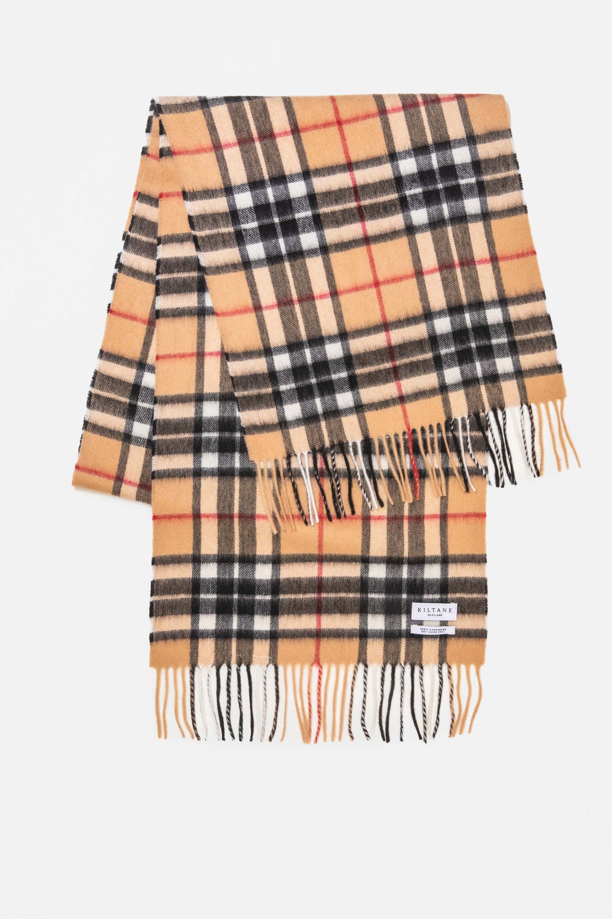Kiltane Scotland label detail on Scotty Thompson Cashmere Wide Scarf in Camel with classic tartan check and fringed ends