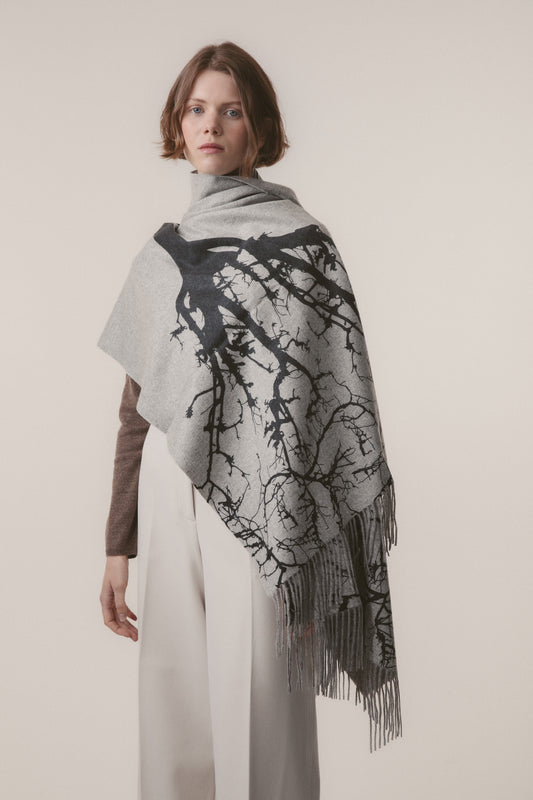 Tree Print Cashmere Double Sided Stole - Grey & Black