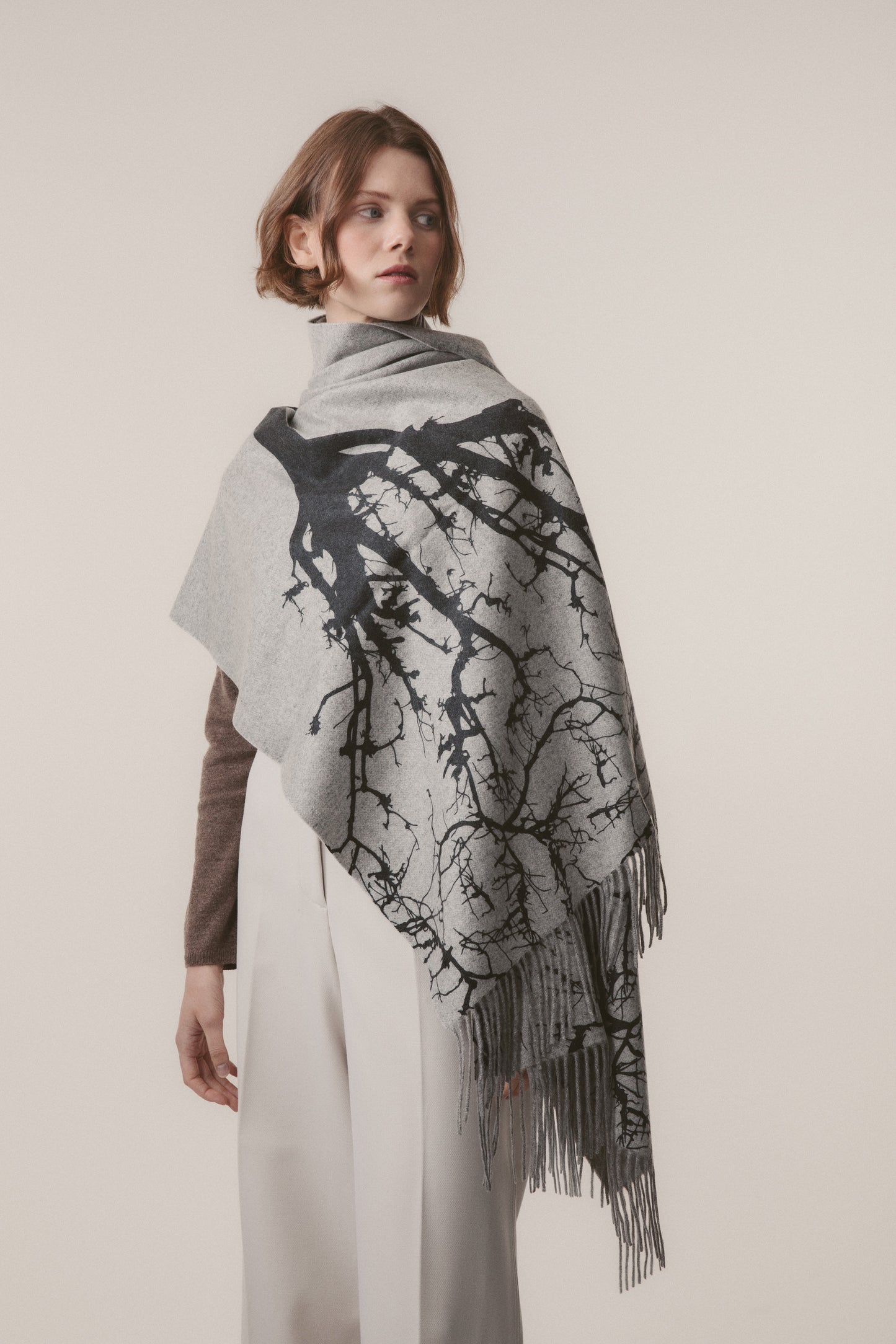 Tree Print Cashmere Double Sided Stole - Grey & Black