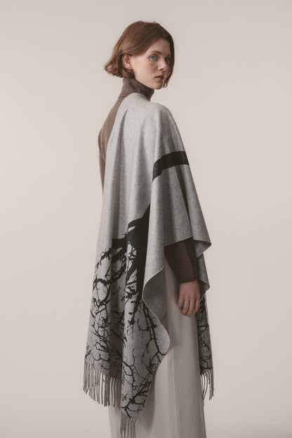Tree Print Cashmere Double Sided Stole - Grey & Black