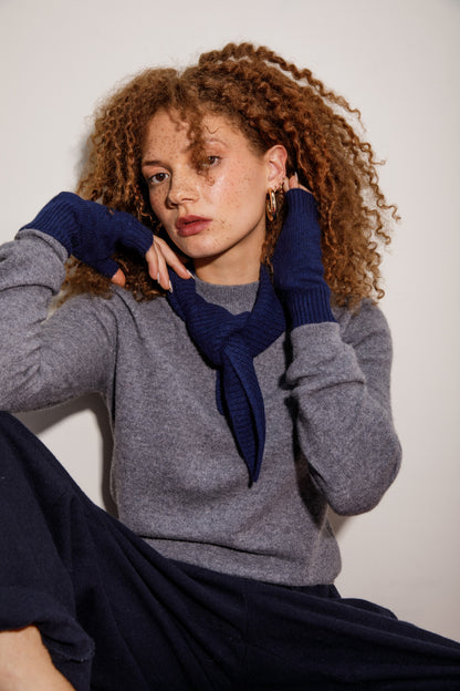 Cashmere Fingerless Mittens - Navy