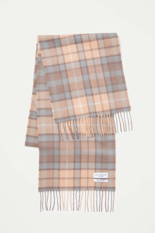 Heritage Tartan Cashmere Scarf - Buchanan Natural folded flat showing full plaid pattern with fringed ends and Kiltane Scotland label