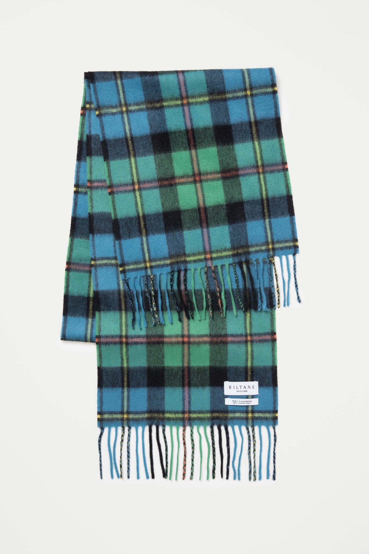 Heritage Tartan Cashmere Scarf - Macleod Antique laid flat showing full length, fringed ends, and Kiltane Scotland brand label