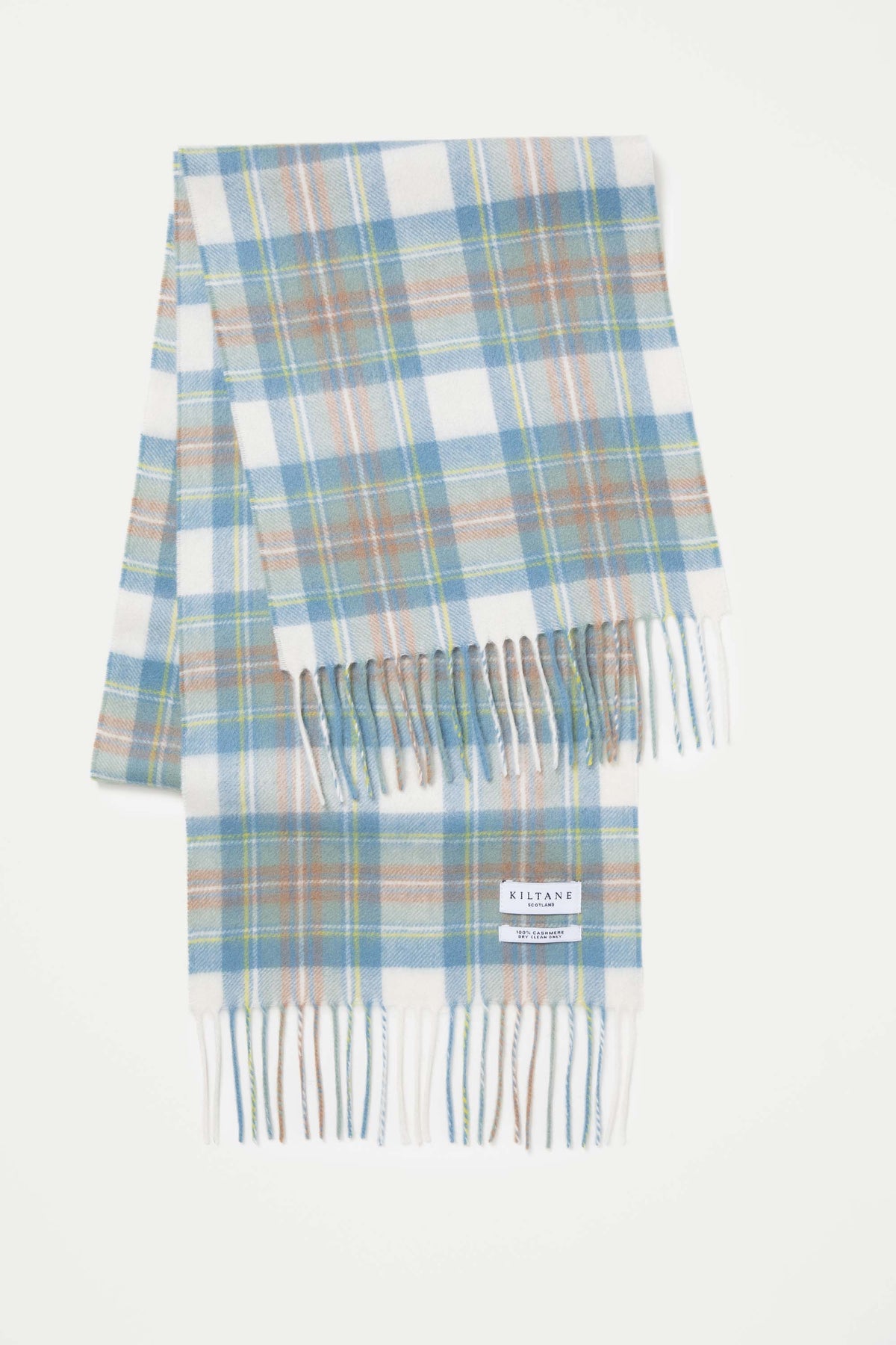 Kiltane Scotland label and fringe detail on Heritage Tartan Cashmere Scarf in Muted Stewart blue plaid