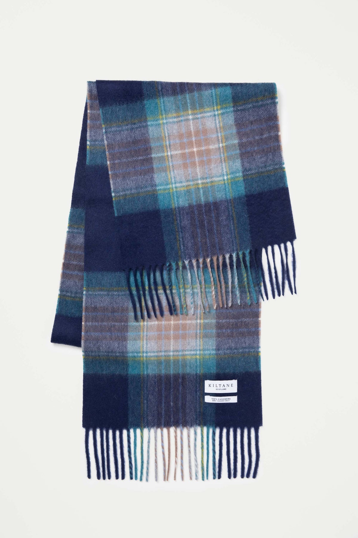 Kiltane Heritage Tartan Cashmere Scarf in Holyrood folded to show full plaid pattern in navy, teal, and camel with fringed ends