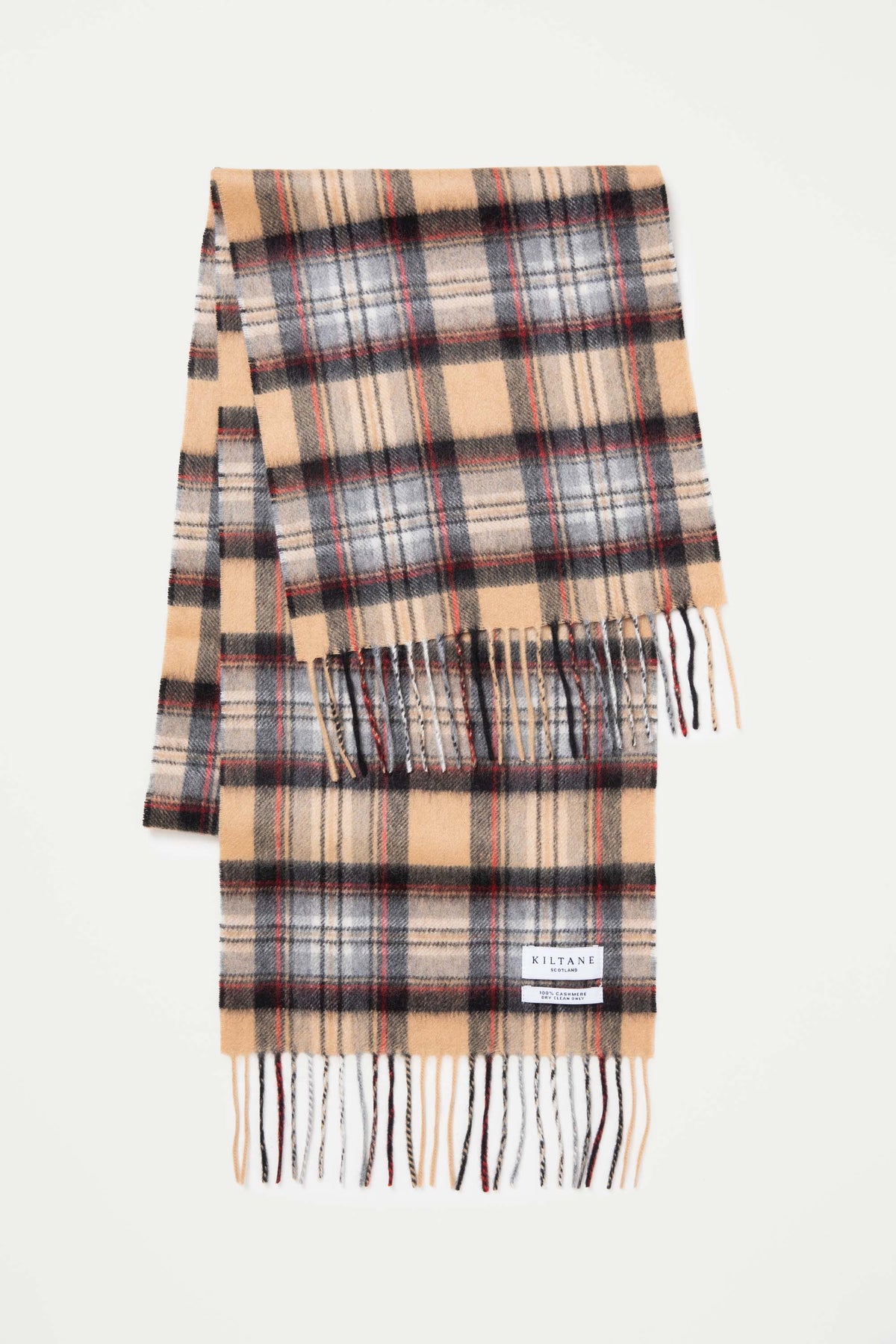 Heritage Tartan Cashmere Scarf in Camel Stewart laid flat showing full tartan pattern with camel, grey, black, and red plaid and fringed ends