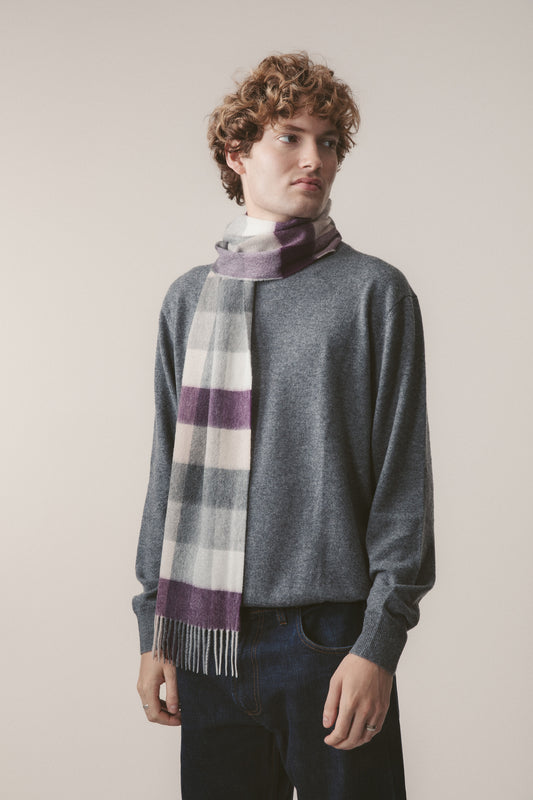 5 Square Check Cashmere Scarf - Purple Grey