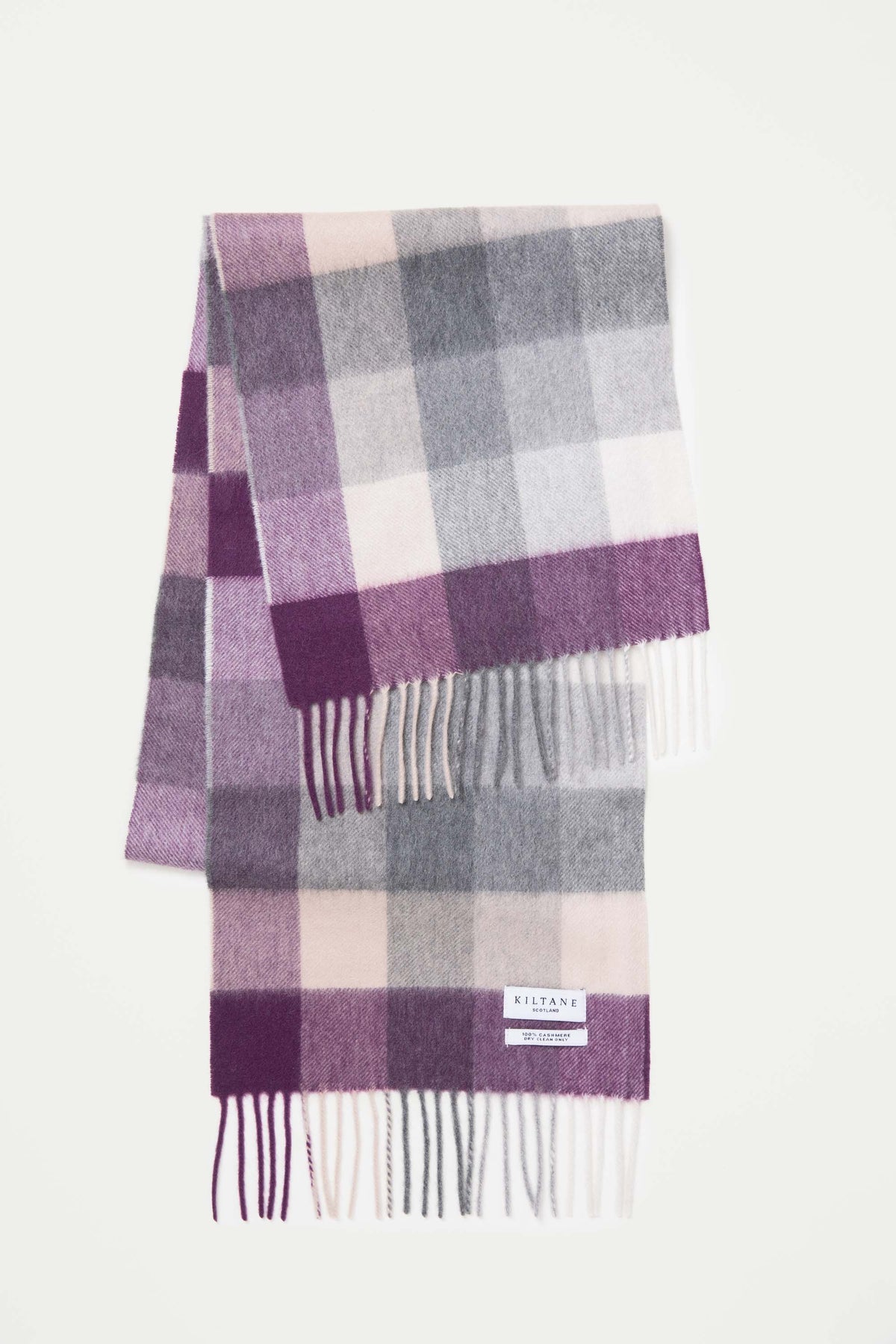 5 Square Check Cashmere Scarf in Purple Grey folded flat showing full check pattern, fringed ends, and Kiltane Scotland label