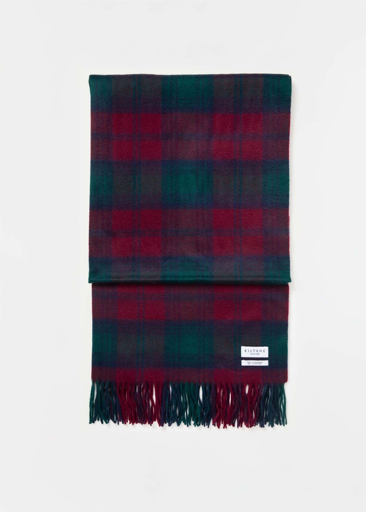 Heritage Tartan Cashmere Stole - Lindsay folded flat showing full tartan pattern in deep red and green with fringed ends