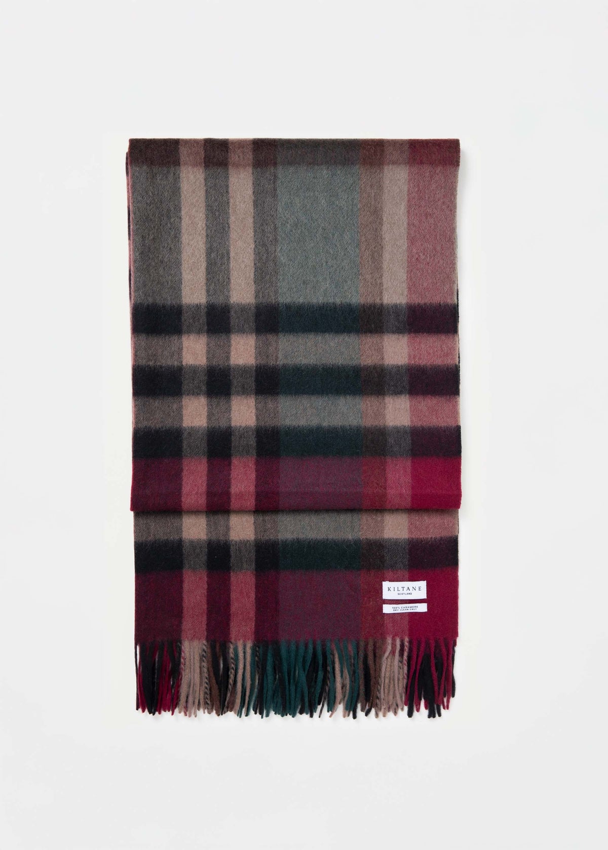 Kiltane Scotland label and multicolour fringe detail on Tartan 2 Cashmere Stole in burgundy, teal, and beige plaid