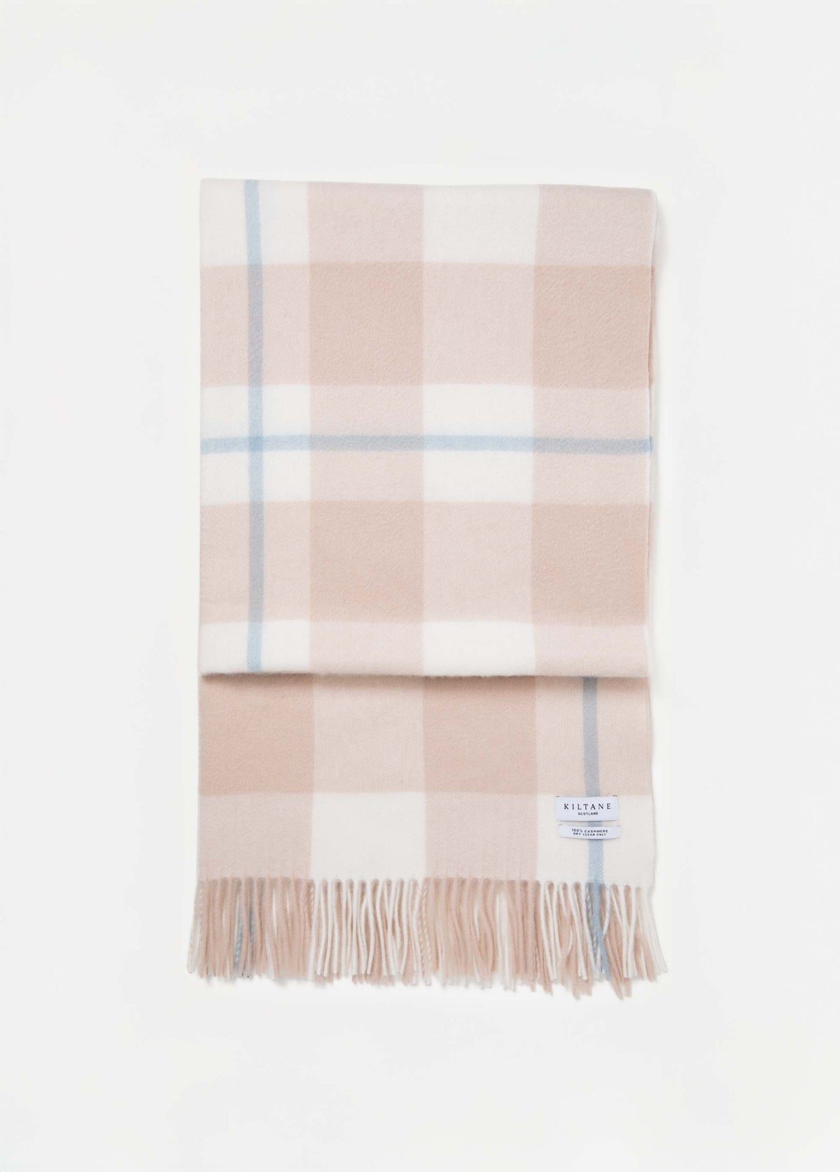 Kiltane Contemporary Check Cashmere Stole in Champagne Pink folded flat showing full check pattern and fringed edge