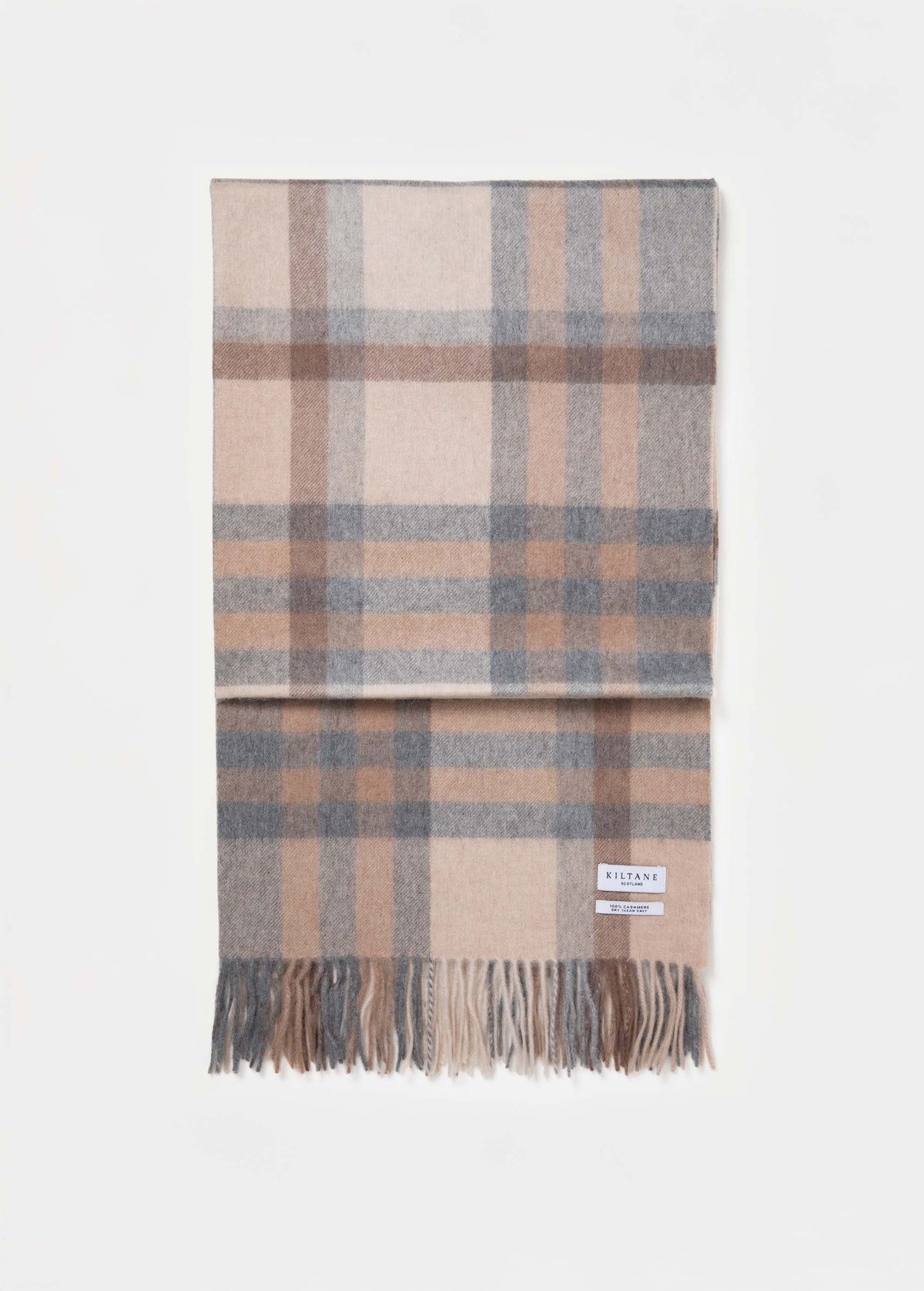 Tartan 2 Cashmere Stole - Natural folded flat showing full plaid pattern in blush, cream, and grey with fringed ends