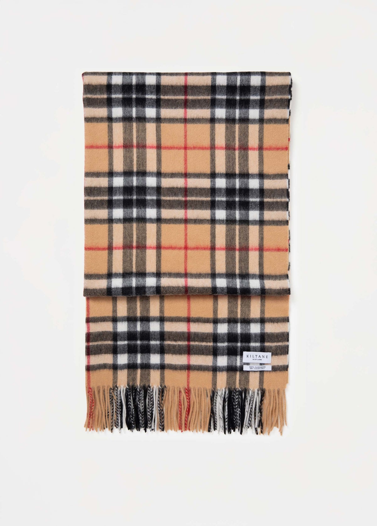 Scotty Thompson Cashmere Stole in Camel folded flat showing full tartan pattern in camel, black, white, and red with fringed ends