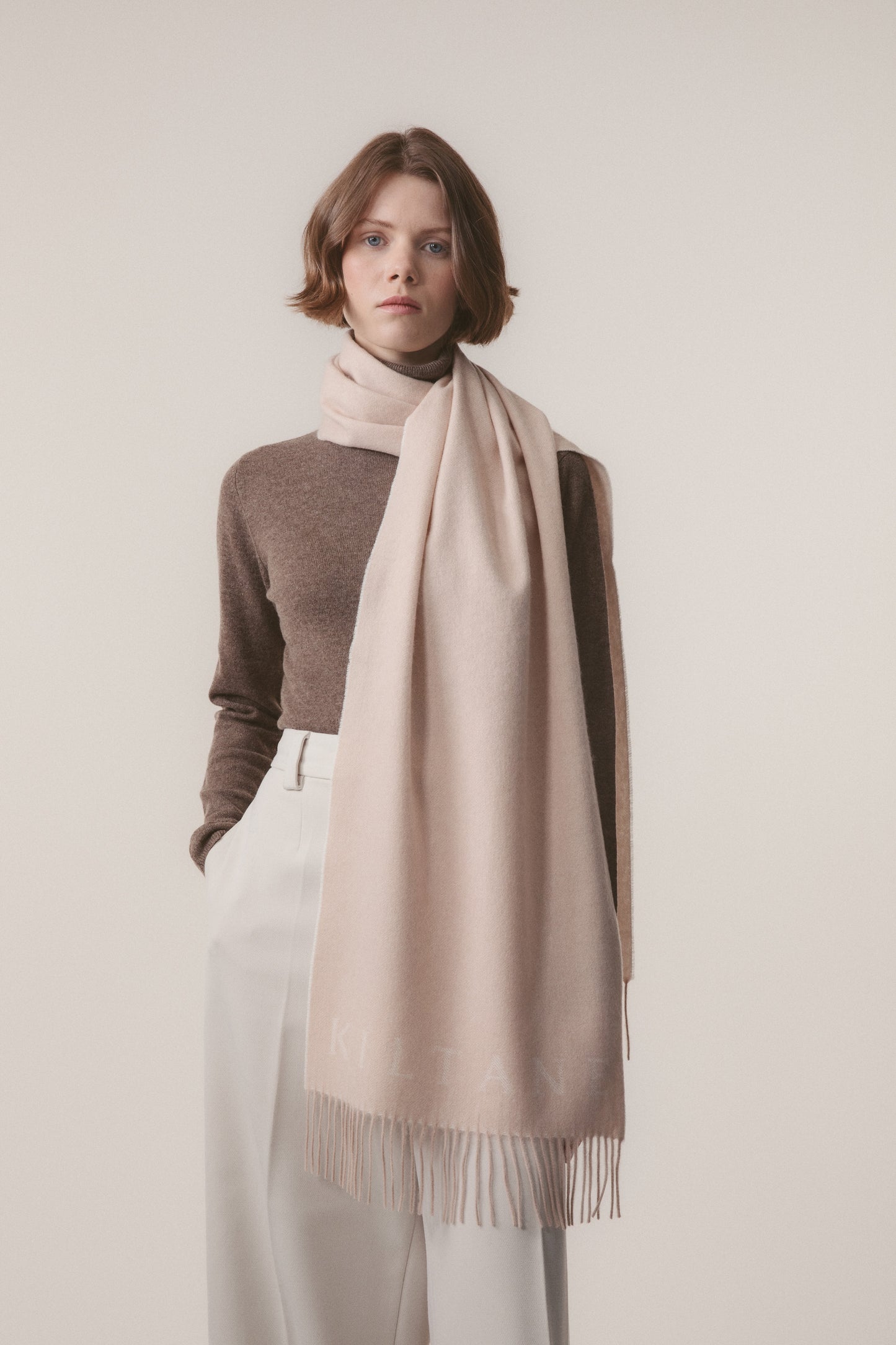 Kiltane Logo Cashmere Wide Scarf - White & Vicuna