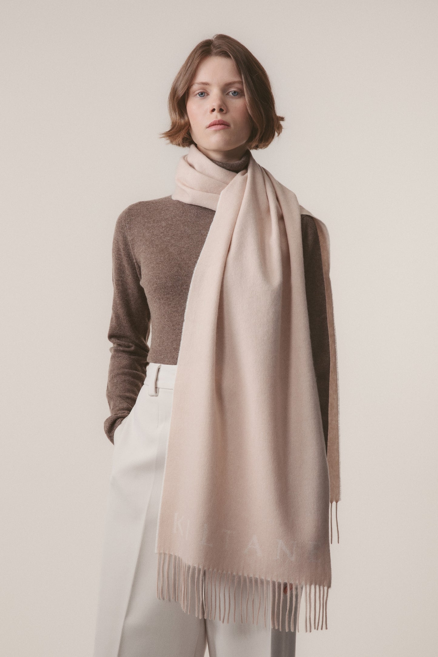 Kiltane Logo Cashmere Wide Scarf - White & Vicuna