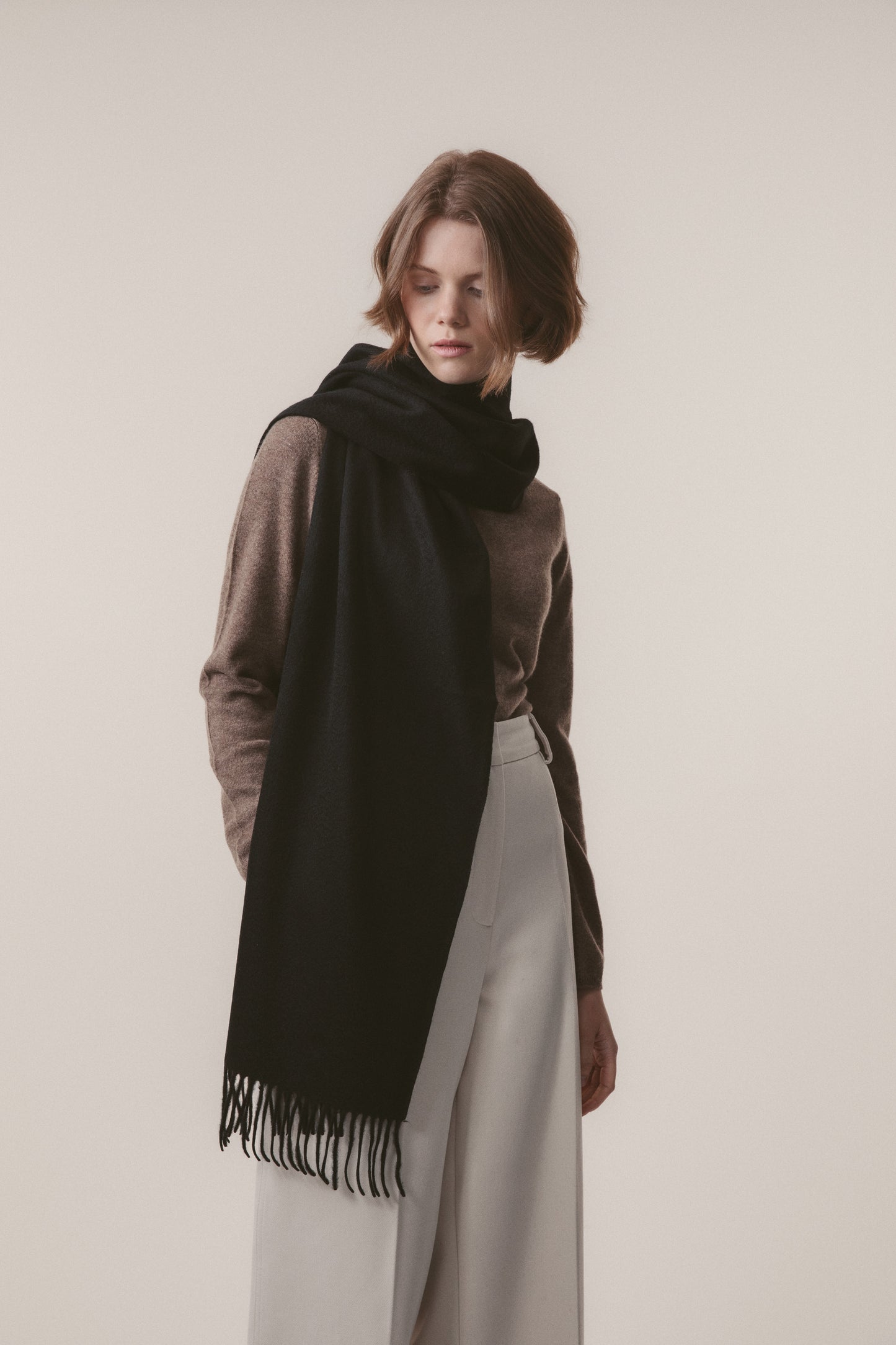 Solid Cashmere Wide Scarf - Black