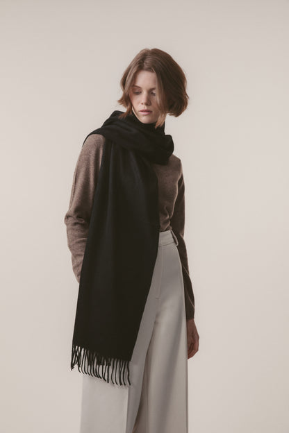 Solid Cashmere Wide Scarf - Black