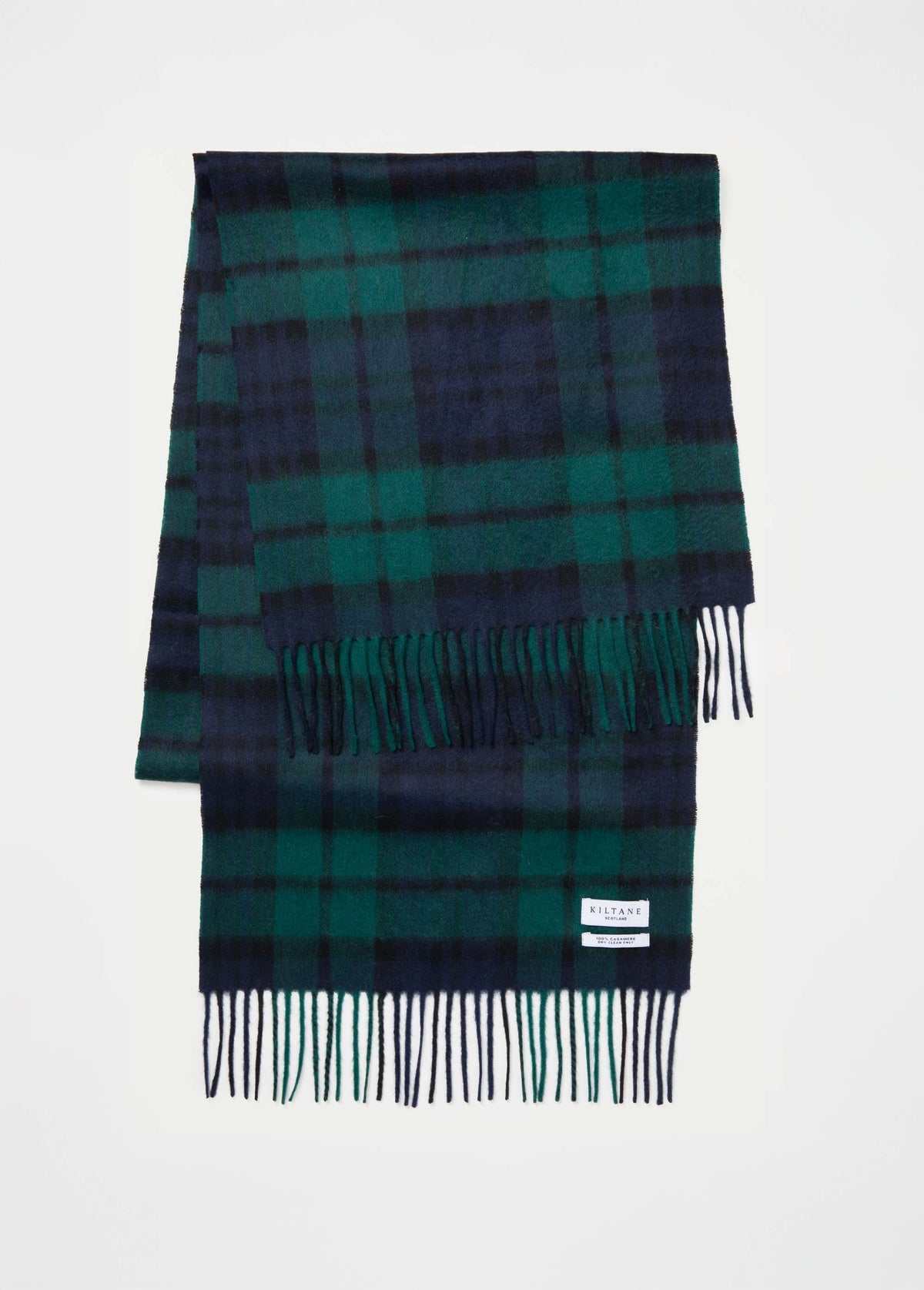 Heritage Tartan Cashmere Wide Scarf in Blackwatch folded flat showing full tartan pattern with navy and green plaid and fringed ends