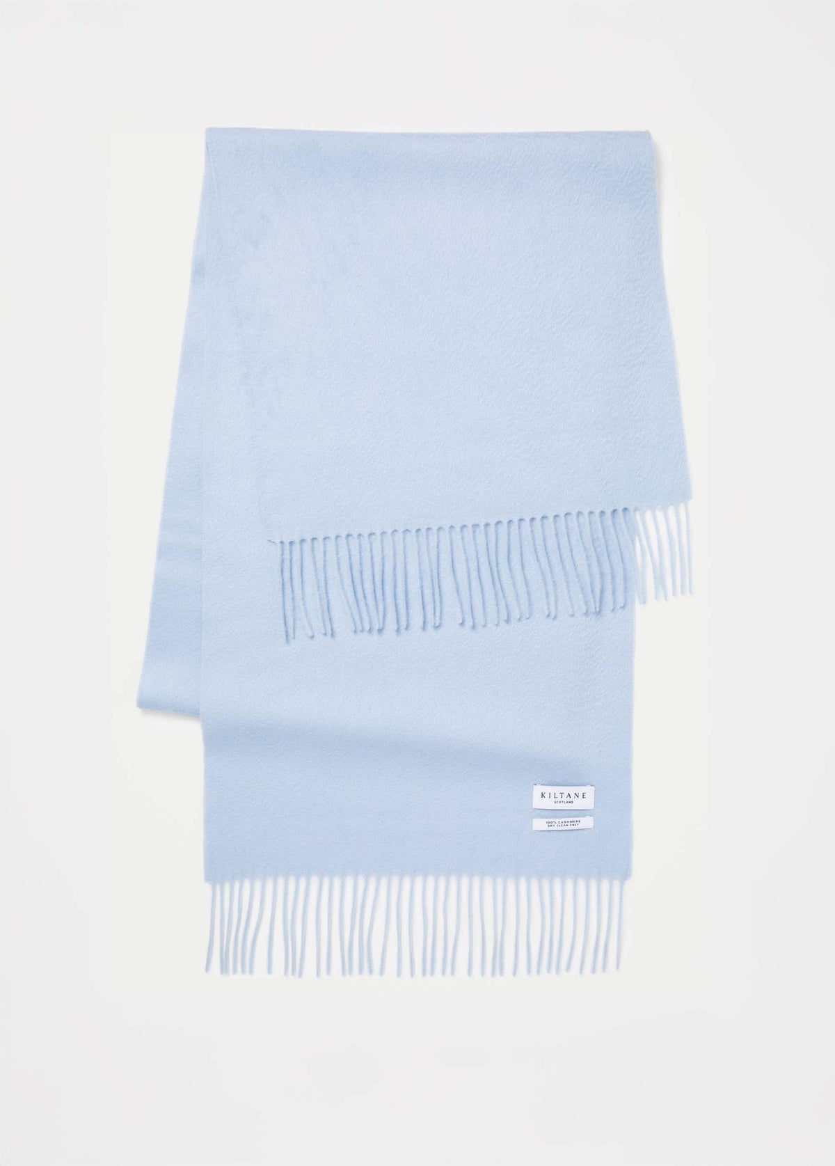 Kiltane Solid Cashmere Wide Scarf in Blue folded flat showing fringed ends and brand label