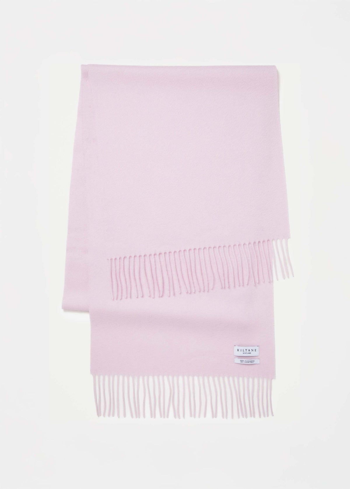 Kiltane Solid Cashmere Wide Scarf in Lilac folded flat showing fringed ends and brand label