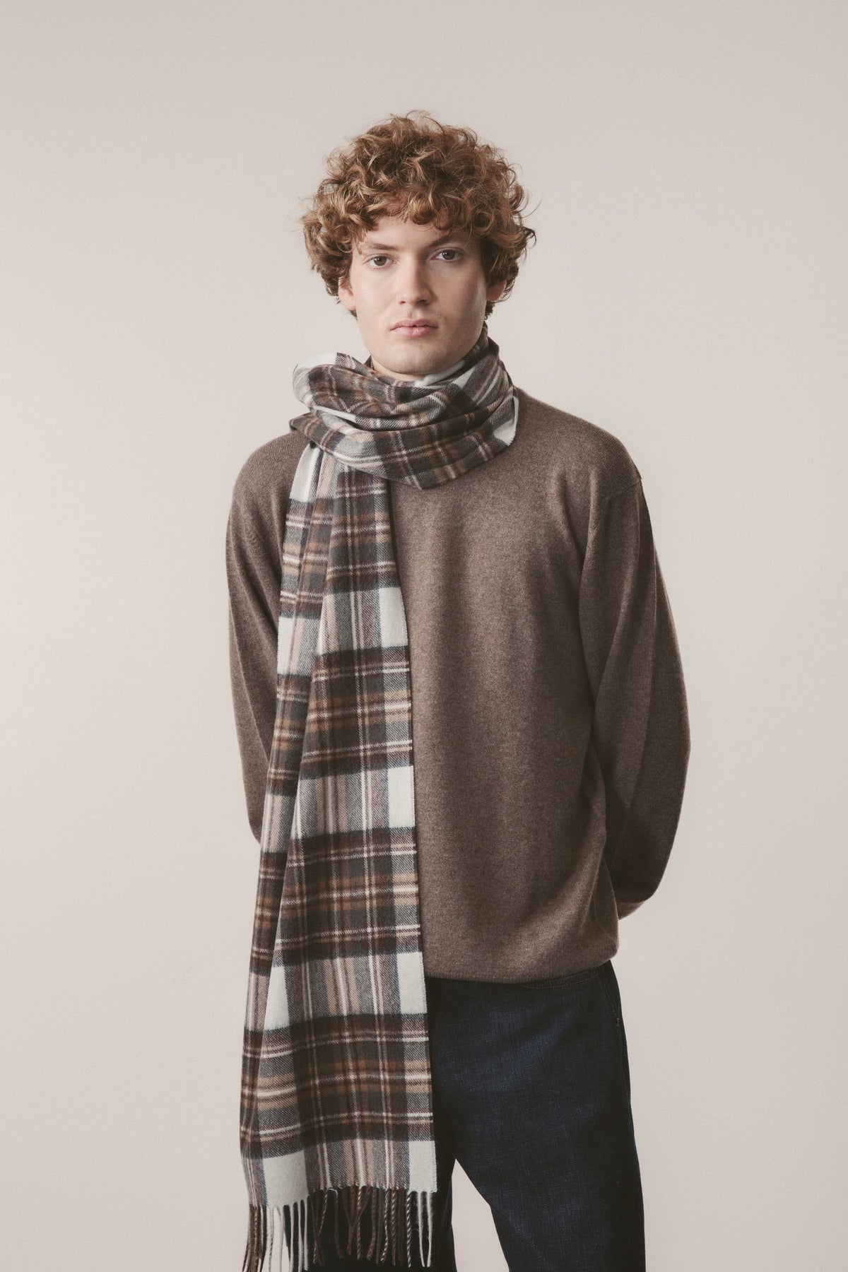Heritage Tartan Cashmere Wide Scarf in Natural Dress Stewart, cream and brown plaid with fringed ends, worn looped around the neck