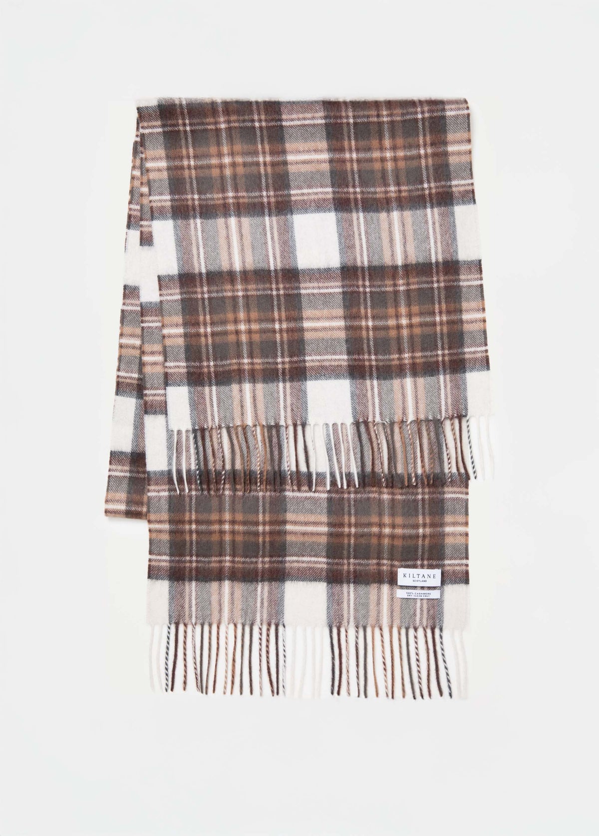 Heritage Tartan Cashmere Wide Scarf in Natural Dress Stewart folded flat showing full plaid pattern and fringed ends with Kiltane label