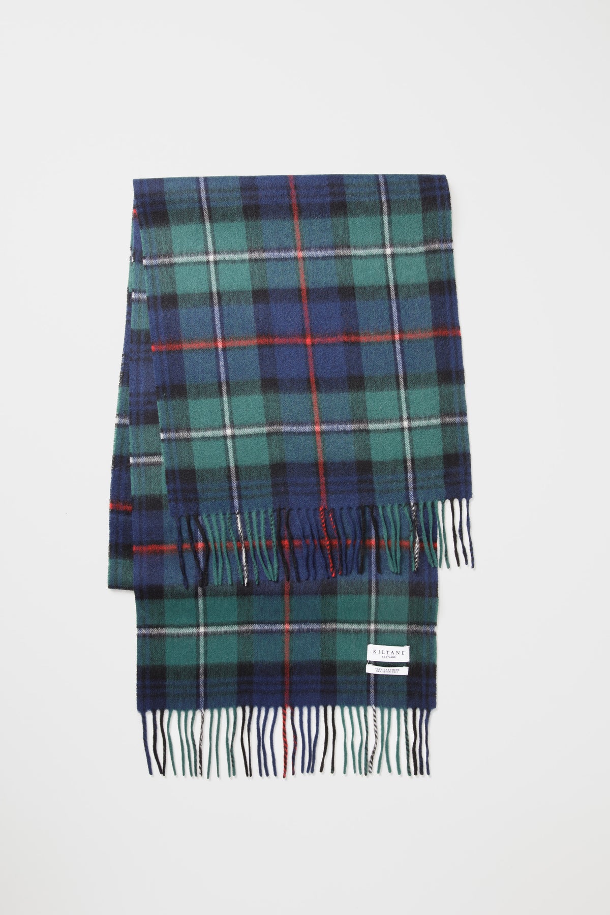 Heritage Tartan Cashmere Wide Scarf - Mackenzie folded flat showing full tartan pattern in green, navy, and red with fringed ends