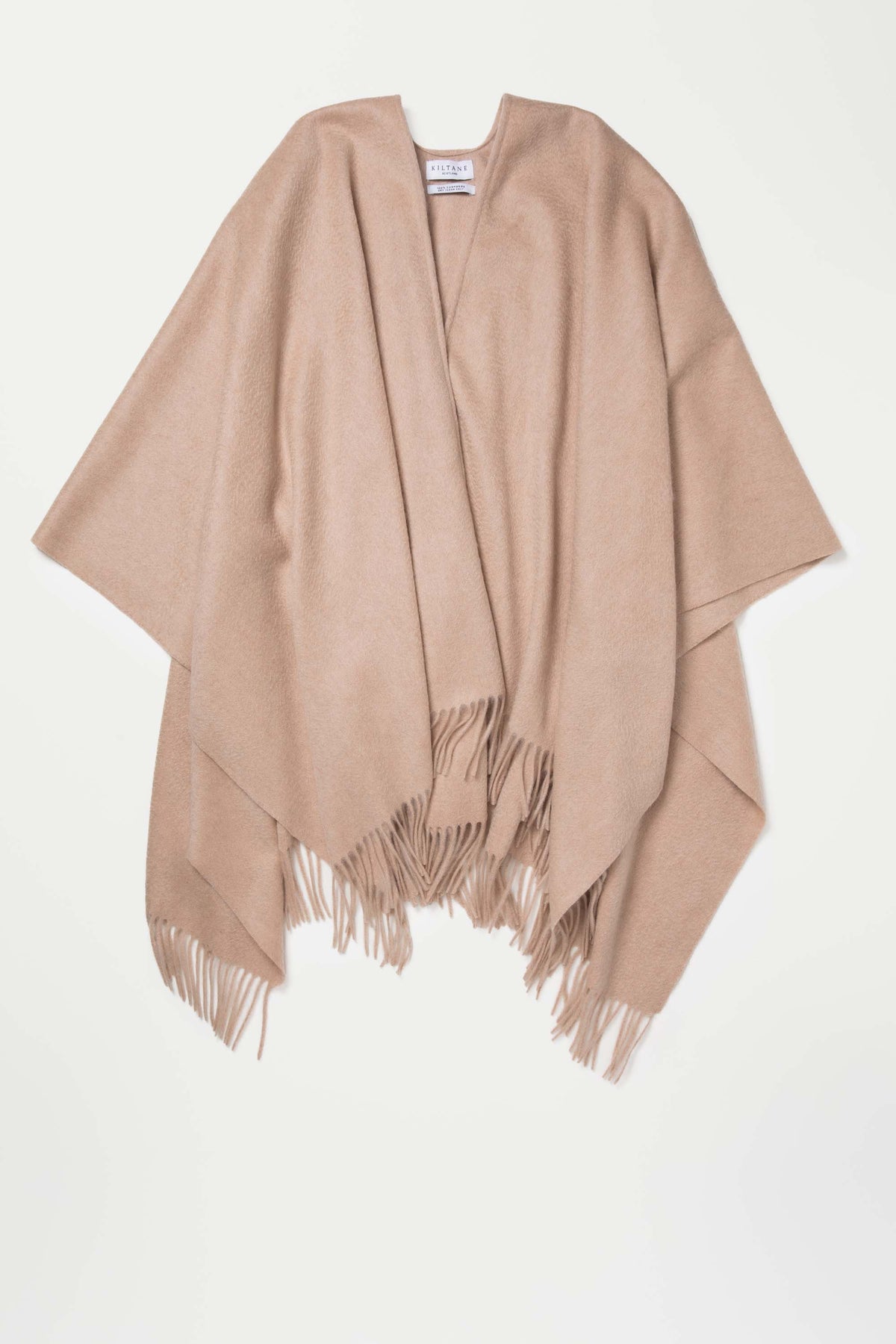 Solid Cashmere Wrap in Vicuna laid flat showing open front drape, fringed hem detail, and Kiltane brand label