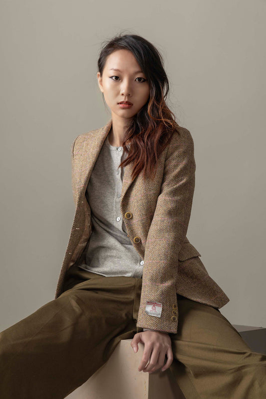 Women's Harris Tweed Claire Blazer - Beige Pink Windowpane