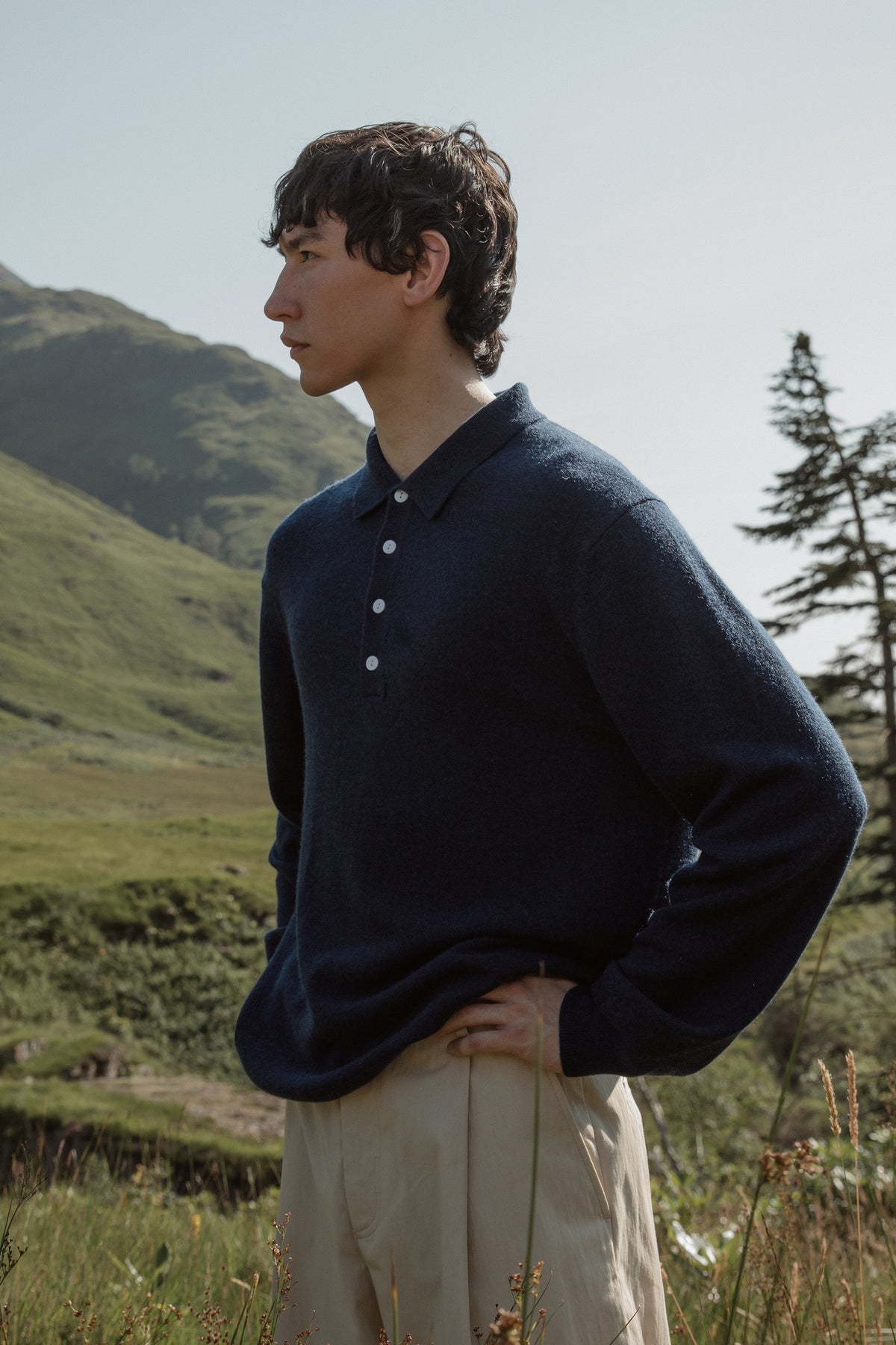 Men’s Cashmere Long Sleeve Polo - Cosmos