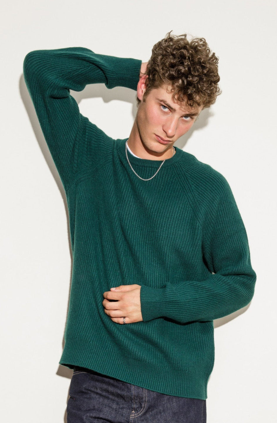 Fisherman Ribbed Cashmere Crew Neck - Forest Green